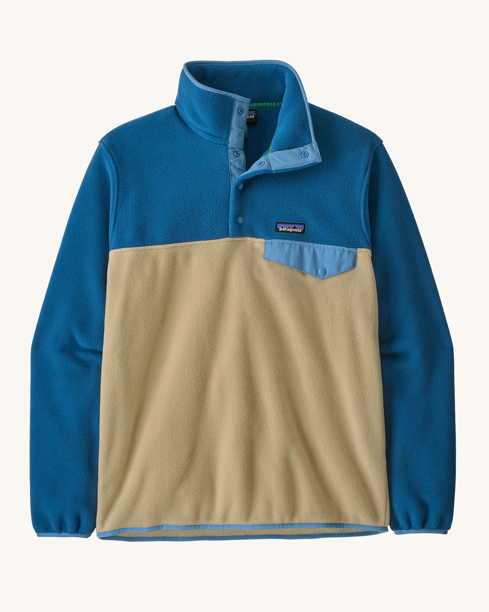 Patagonia men's recycled synchilla snap t fleece in light brown with blue arms. Shows a 1/4 length front popper up to the collar and a chest pocket