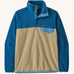 Patagonia men's recycled synchilla snap t fleece in light brown with blue arms. Shows a 1/4 length front popper up to the collar and a chest pocket