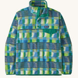 Patagonia men's recycled synchilla snap t fleece in blue and green abstract pattern design. Shows a 1/4 length front popper up to the collar and a chest pocket