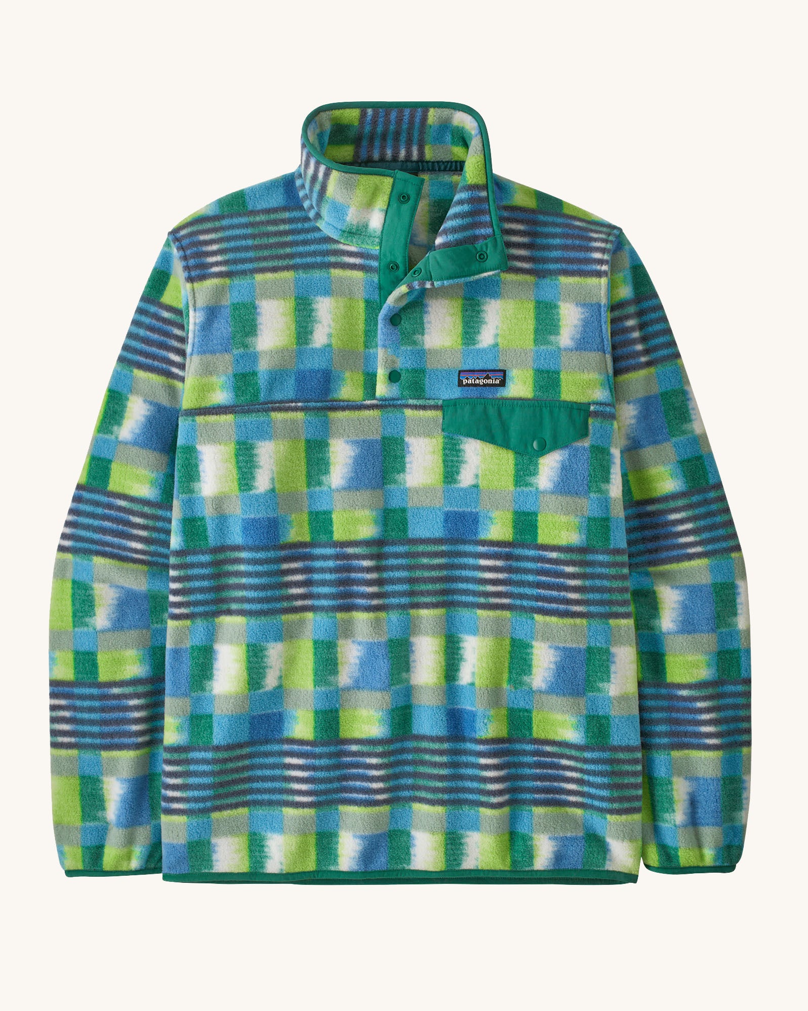 Patagonia men's recycled synchilla snap t fleece in blue and green abstract pattern design. Shows a 1/4 length front popper up to the collar and a chest pocket