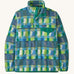 Patagonia men's recycled synchilla snap t fleece in blue and green abstract pattern design. Shows a 1/4 length front popper up to the collar and a chest pocket