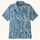 Patagonia men's tidal threads camp short sleeve shirt with light blue and cream Hawaiian aloha inspired prints 