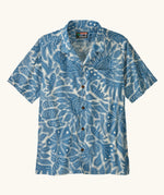Patagonia men's tidal threads camp short sleeve shirt with light blue and cream Hawaiian aloha inspired prints 