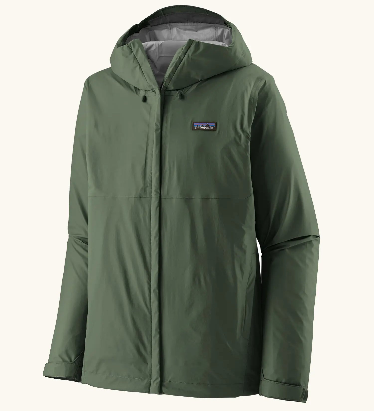 Patagonia men's waterproof torrentshell 3 layer rain hooded jacket in canopy green. Features a adjustable hood full front zip and side pockets