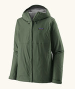 Patagonia men's waterproof torrentshell 3 layer rain hooded jacket in canopy green. Features a adjustable hood full front zip and side pockets