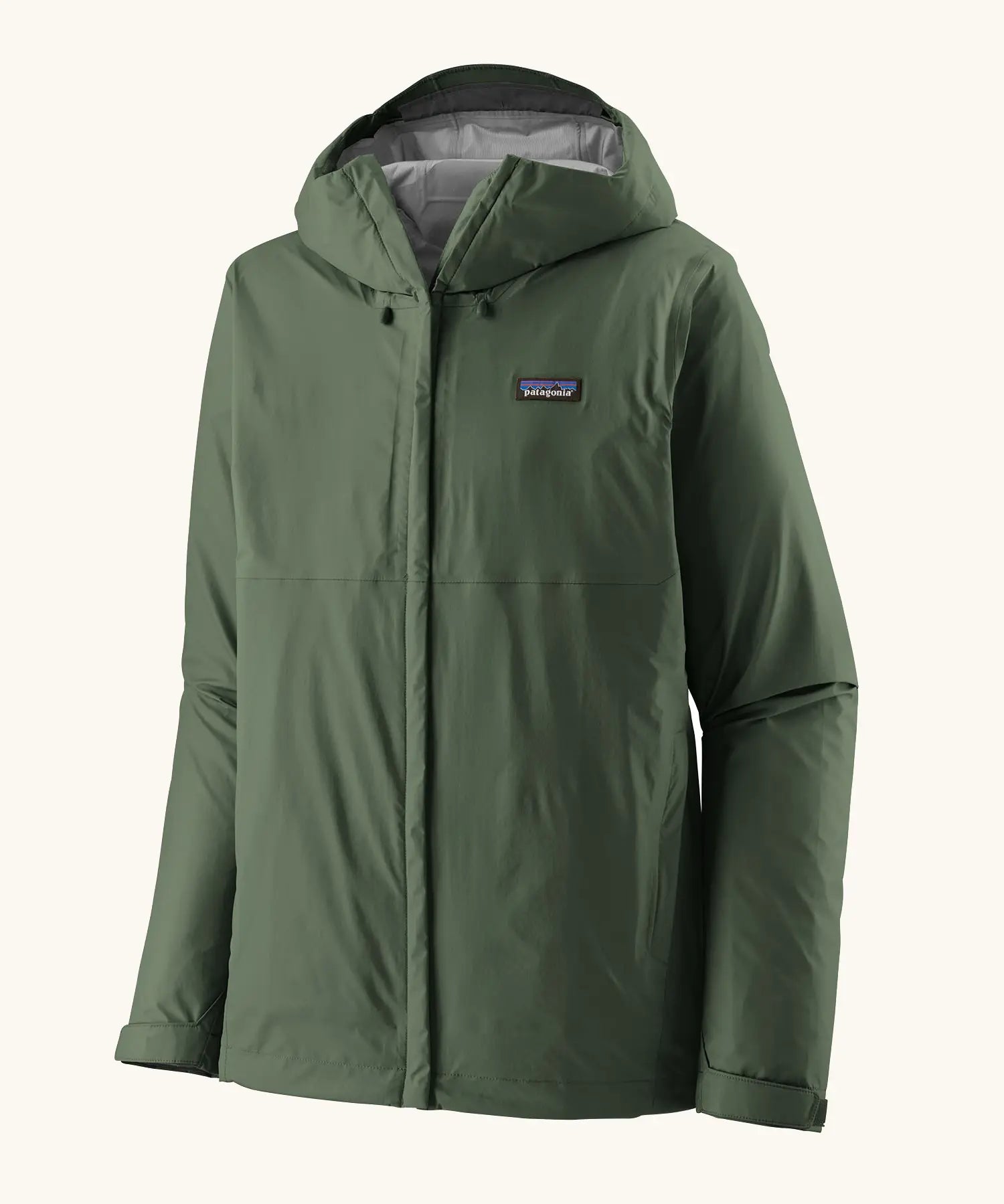Patagonia men's waterproof torrentshell 3 layer rain hooded jacket in canopy green. Features a adjustable hood full front zip and side pockets