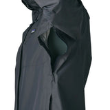 Side of man wearing the Patagonia men's torrentshell 3 layer rain jacket in smolder blue. Showing close up of the armpit zip detail for ventilation