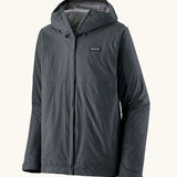 Patagonia men's waterproof torrentshell 3 layer rain hooded jacket in smolder blue. Features a adjustable hood full front zip and side pockets