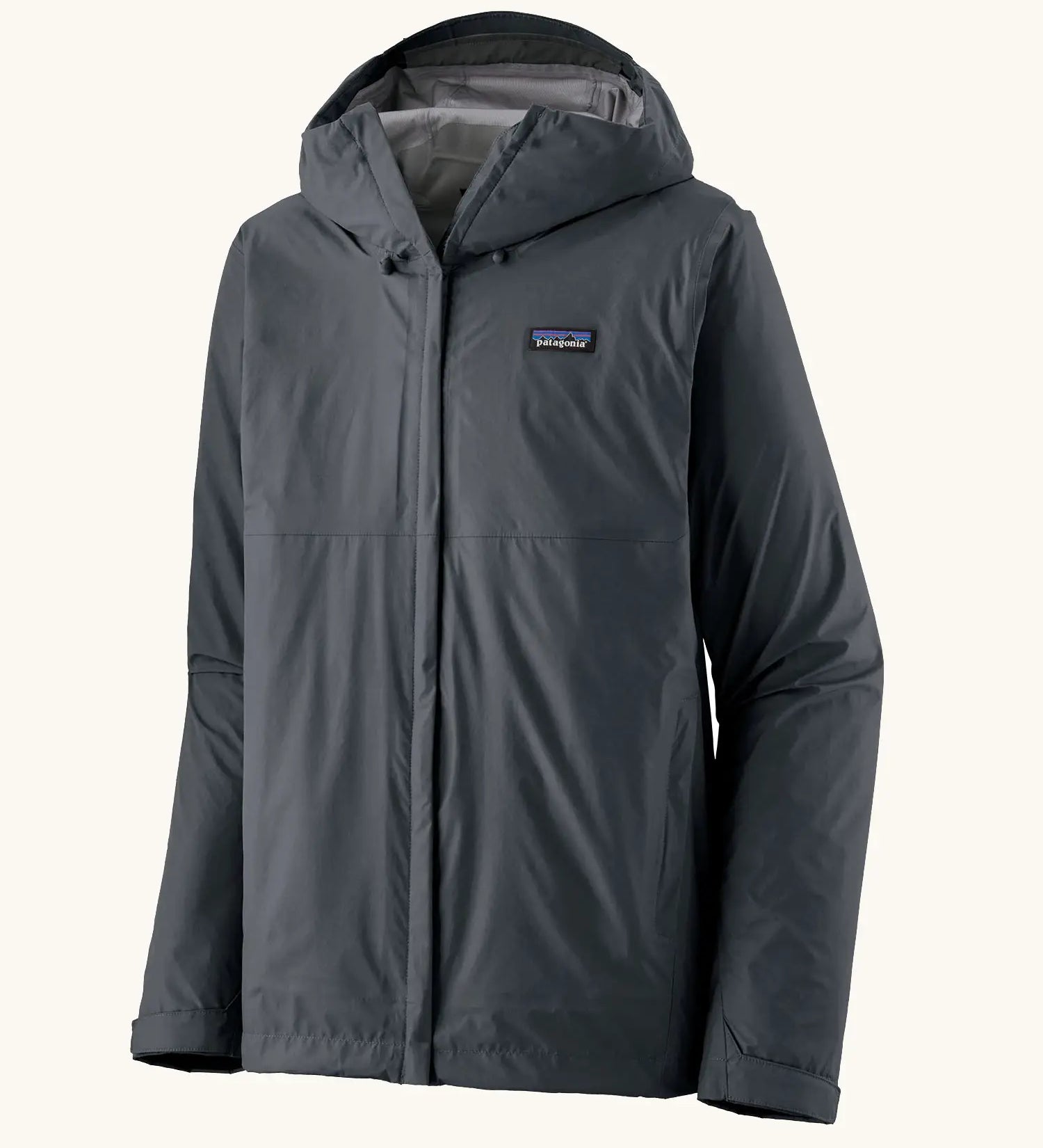 Patagonia men's waterproof torrentshell 3 layer rain hooded jacket in smolder blue. Features a adjustable hood full front zip and side pockets