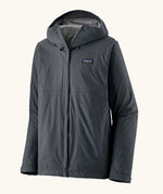 Patagonia men's waterproof torrentshell 3 layer rain hooded jacket in smolder blue. Features a adjustable hood full front zip and side pockets