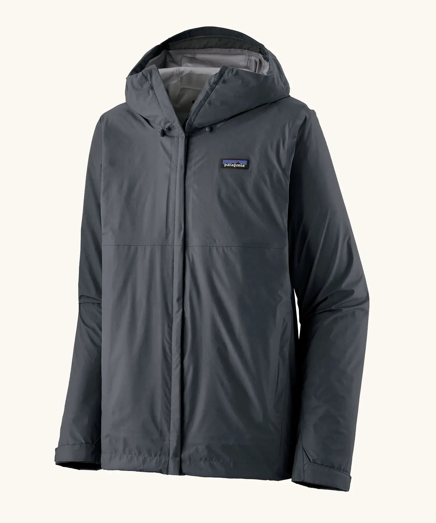 Patagonia men's waterproof torrentshell 3 layer rain hooded jacket in smolder blue. Features a adjustable hood full front zip and side pockets