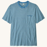 Patagonia men's trail harbour pocket short sleeve tee in white and blue stripes with a pouch chest pocket