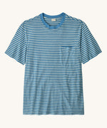 Patagonia men's trail harbour pocket short sleeve tee in white and blue stripes with a pouch chest pocket