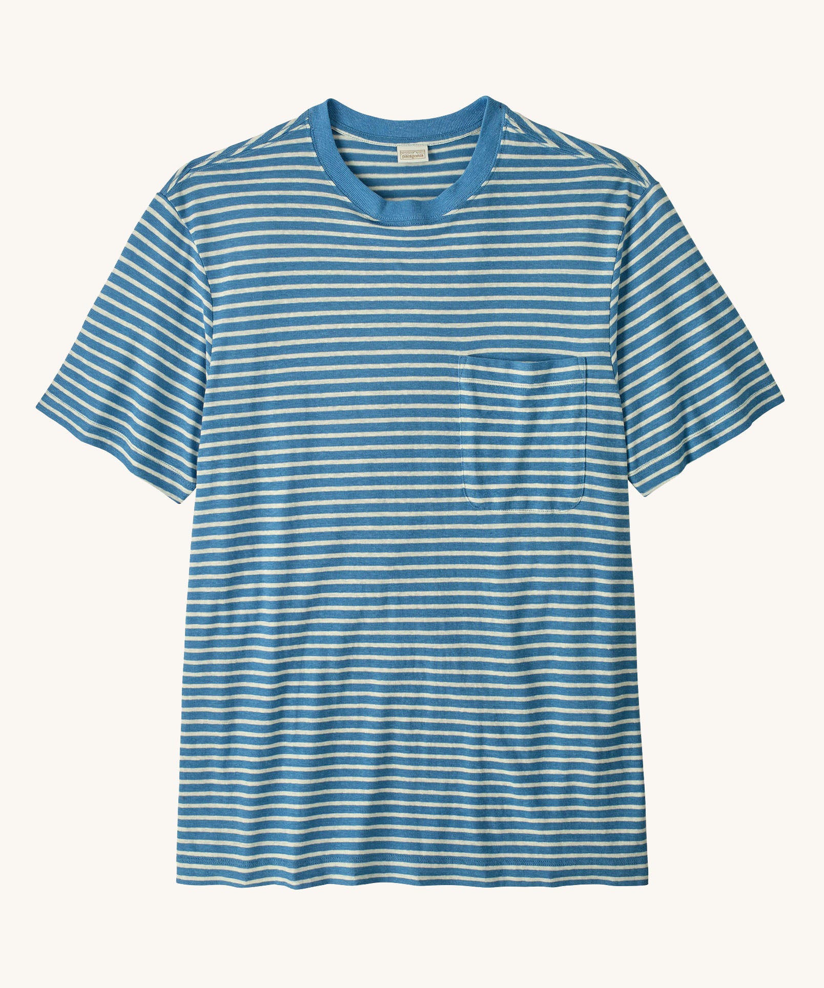 Patagonia men's trail harbour pocket short sleeve tee in white and blue stripes with a pouch chest pocket