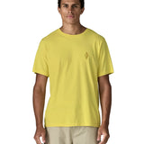 Man wearing Patagonia men's short sleeve t-shirt in yellow with small diamond graphic on the chest T-shirt has a relaxed fit