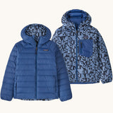 Patagonia Kids Reversible Down Hoody in mother tree sunken blue design side by side showing the different colour and print detail.