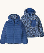 Patagonia Kids Reversible Down Hoody in mother tree sunken blue design side by side showing the different colour and print detail.