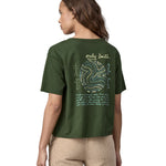 A closer look at the back of the Patagonia Women's Easy Cut Organic T-Shirt - Pine Green, showing the earth logo and the poem underneath