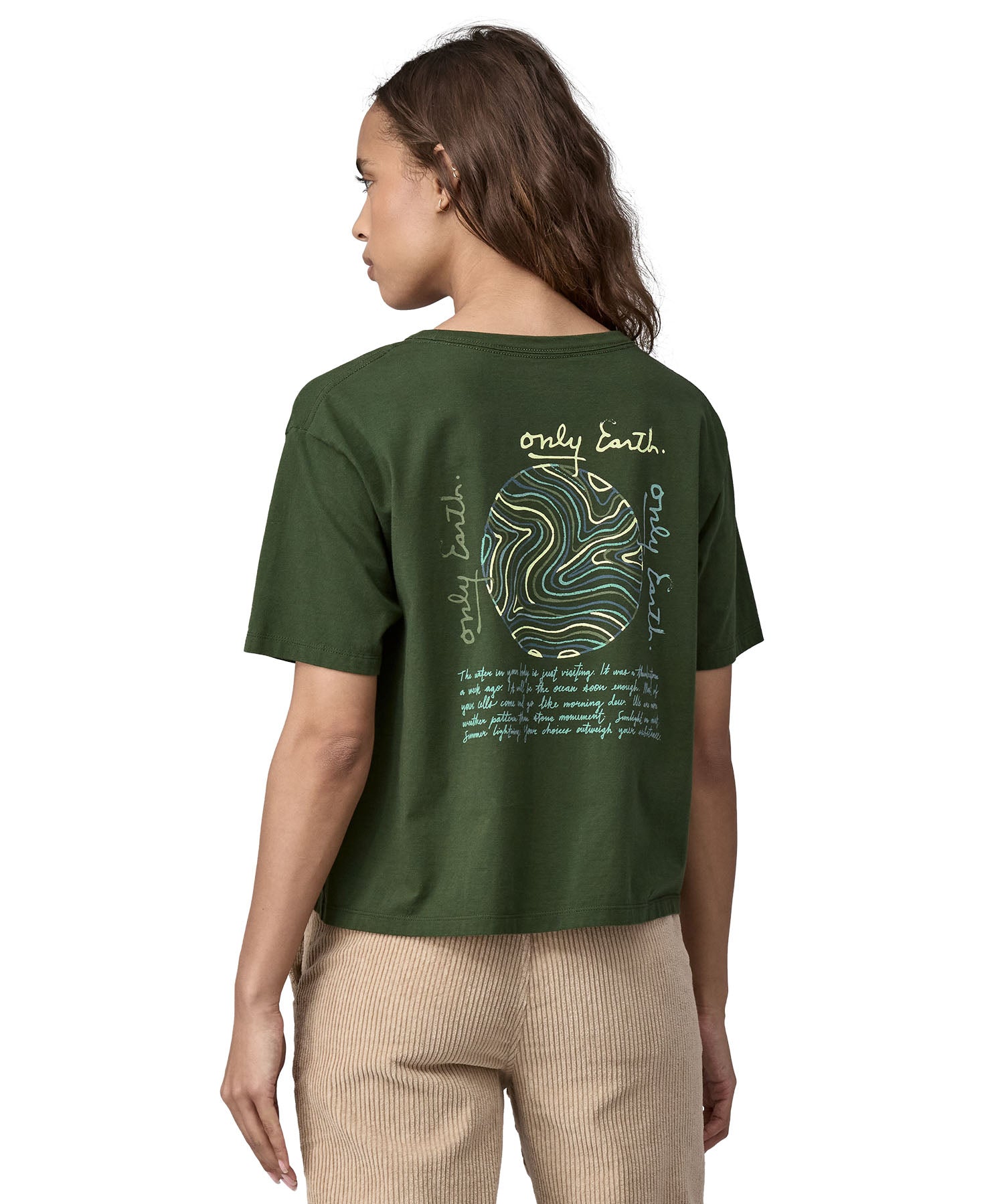 A closer look at the back of the Patagonia Women's Easy Cut Organic T-Shirt - Pine Green, showing the earth logo and the poem underneath
