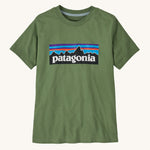 Patagonia KidsT-Shirt - Green. An army green, organic cotton t-shirt with the Patagonia mountain range logo on the front