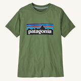Patagonia KidsT-Shirt - Green. An army green, organic cotton t-shirt with the Patagonia mountain range logo on the front
