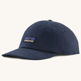 Patagonia organic cotton p6 label trad cap in navy. Shows air holes on the top and brand patch on the front