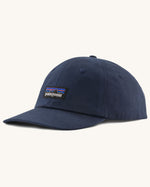 Patagonia organic cotton p6 label trad cap in navy. Shows air holes on the top and brand patch on the front