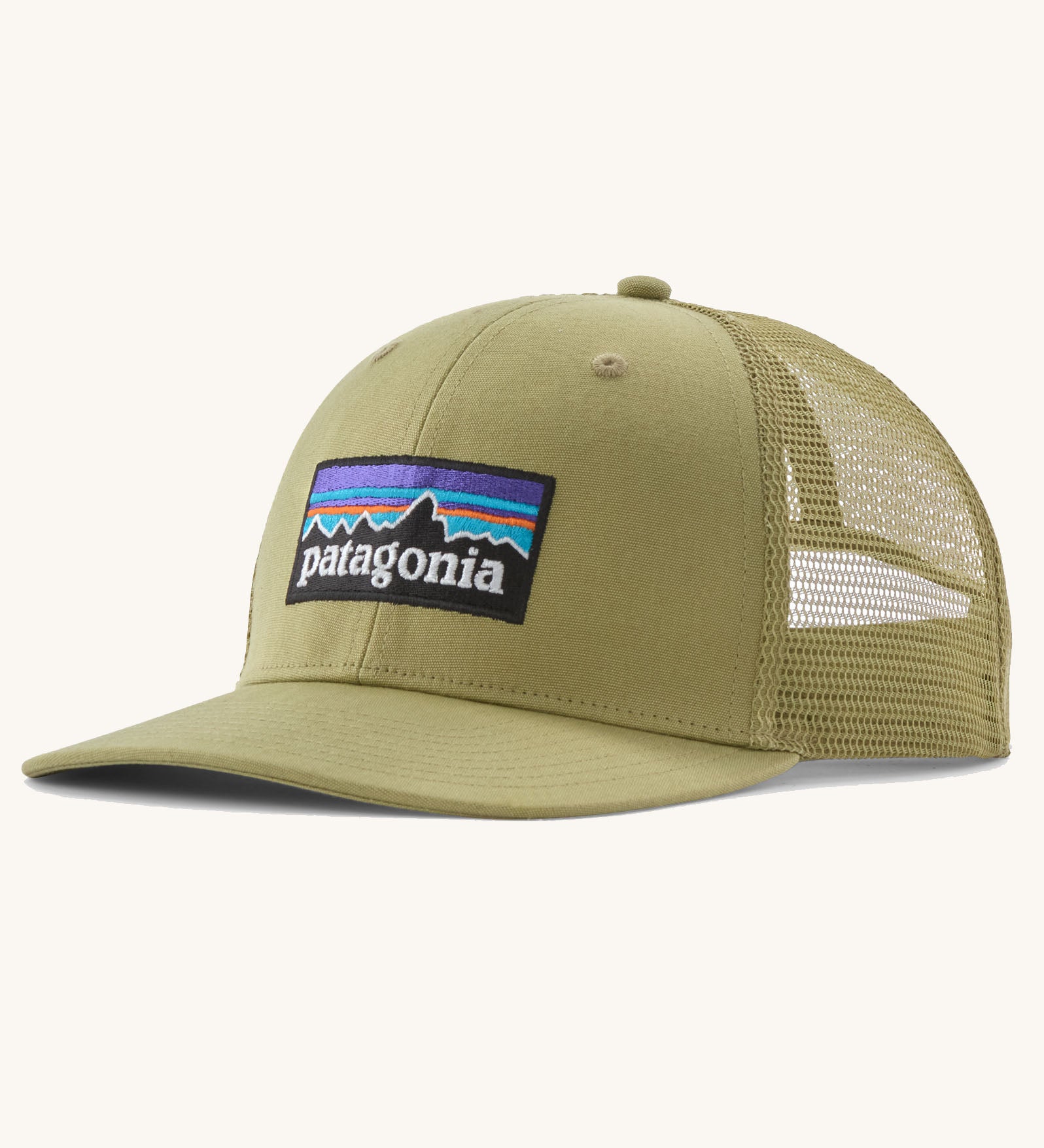 Patagonia p6 logo trucker hat in light green with a breathable mesh back panel