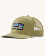 Patagonia p6 logo trucker hat in light green with a breathable mesh back panel