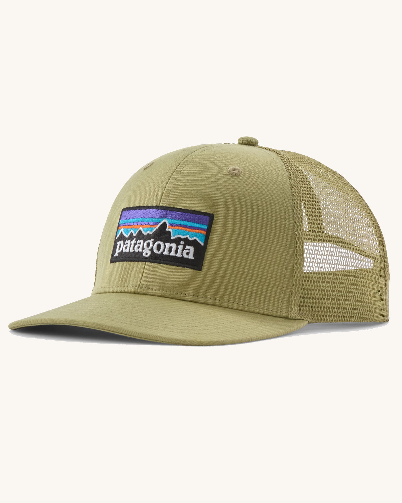Patagonia p6 logo trucker hat in light green with a breathable mesh back panel