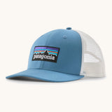Patagonia p6 logo trucker hat in light blue with a white breathable mesh back panel