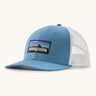 Patagonia p6 logo trucker hat in light blue with a white breathable mesh back panel