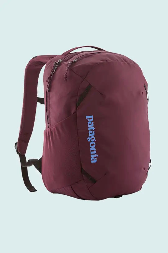 Patagonia Atom Day Pack 24L in deep plum Berry Fig with blue Patagonia logo, mesh bottle pockets and padded straps.