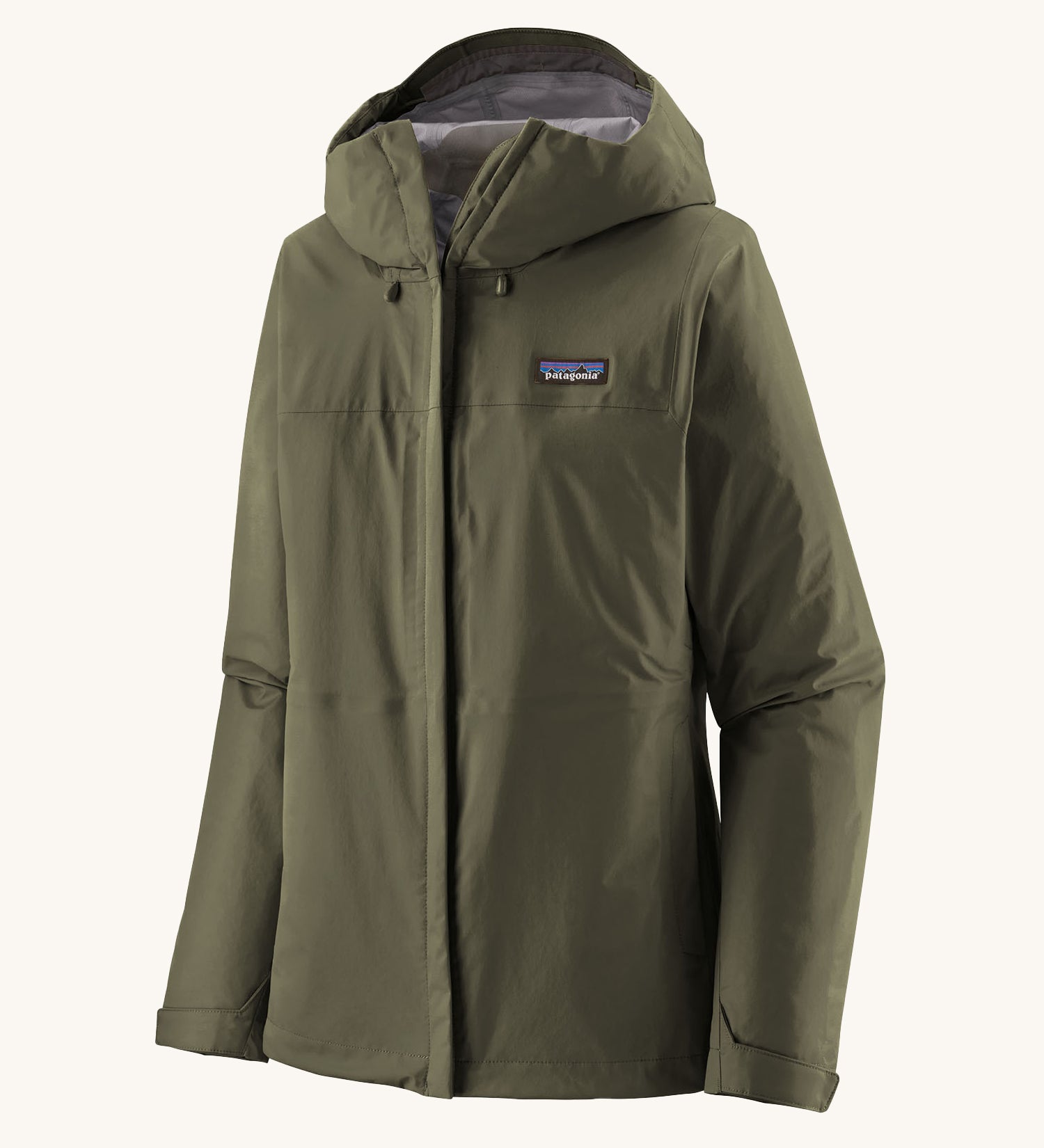 Patagonia Women's Torrentshell 3L Rain Jacket - Pine Needle Green zipped up the front, on a cream background.