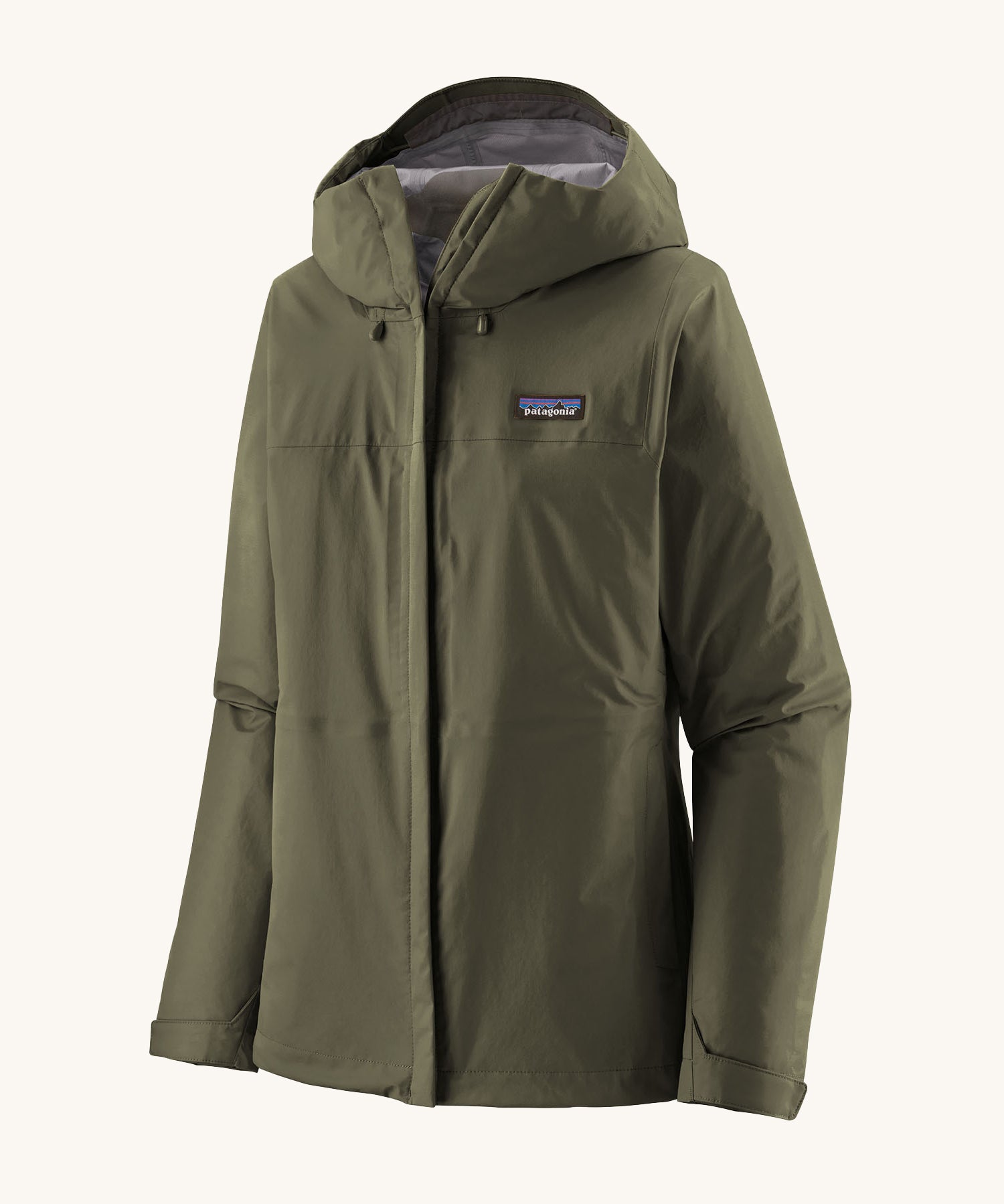 Patagonia Women's Torrentshell 3L Rain Jacket - Pine Needle Green zipped up the front, on a cream background.