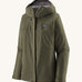 Patagonia Women's Torrentshell 3L Rain Jacket - Pine Needle Green zipped up the front, on a cream background.