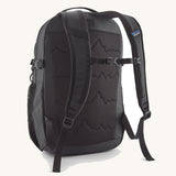 Back of the Patagonia 26L refugio backpack in black with a chest strap and quick release buckle.
