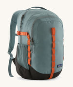 Patagonia refugio 26L back pack in sage blue with orange straps buckles and mesh side pockets