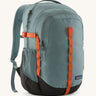 Patagonia refugio 26L back pack in sage blue with orange straps buckles and mesh side pockets