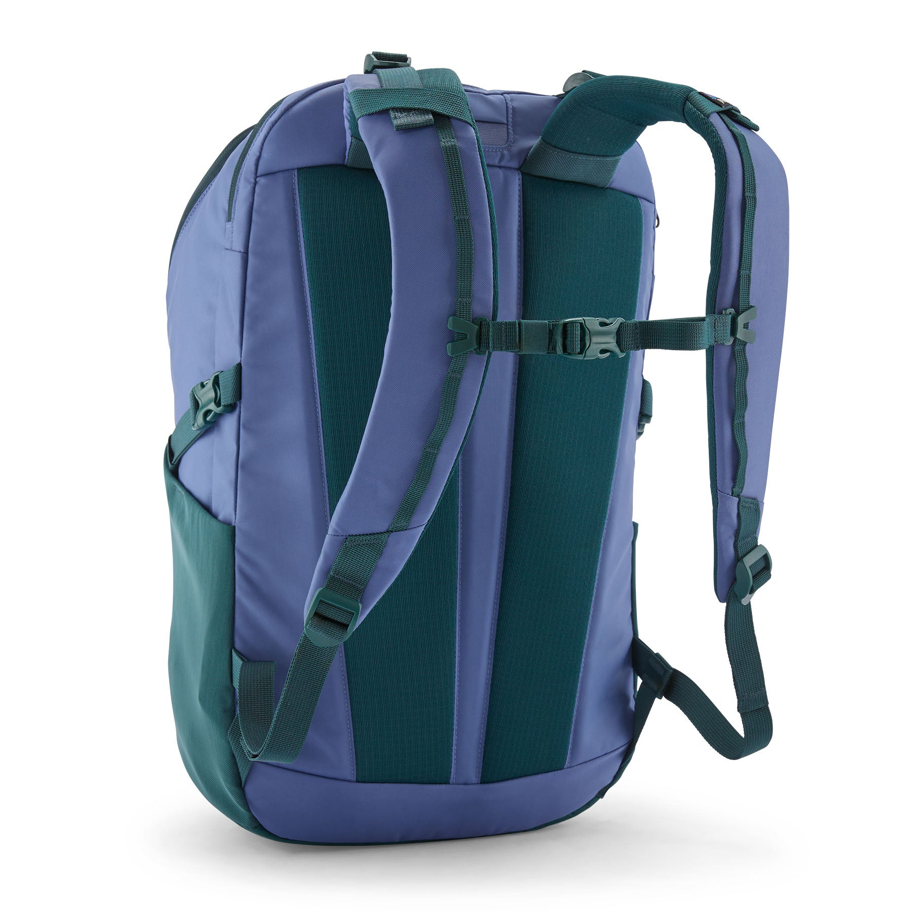 The Patagonia refugio 30 litres day pack in current blue available at Babipur showing the padded shoulder straps and chest strap detail