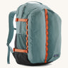 Patagonia refugio 32L daypack in sage blue and orange trim. Shows mesh side pockets and zipped compartment. 