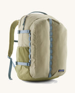 Patagonia refugio 32L daypack in light green and blue trim. Shows mesh side pockets and zipped compartment. 
