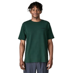A man wearing the Patagonia men's logo responisbilli tee in cascade green available at Babipur.