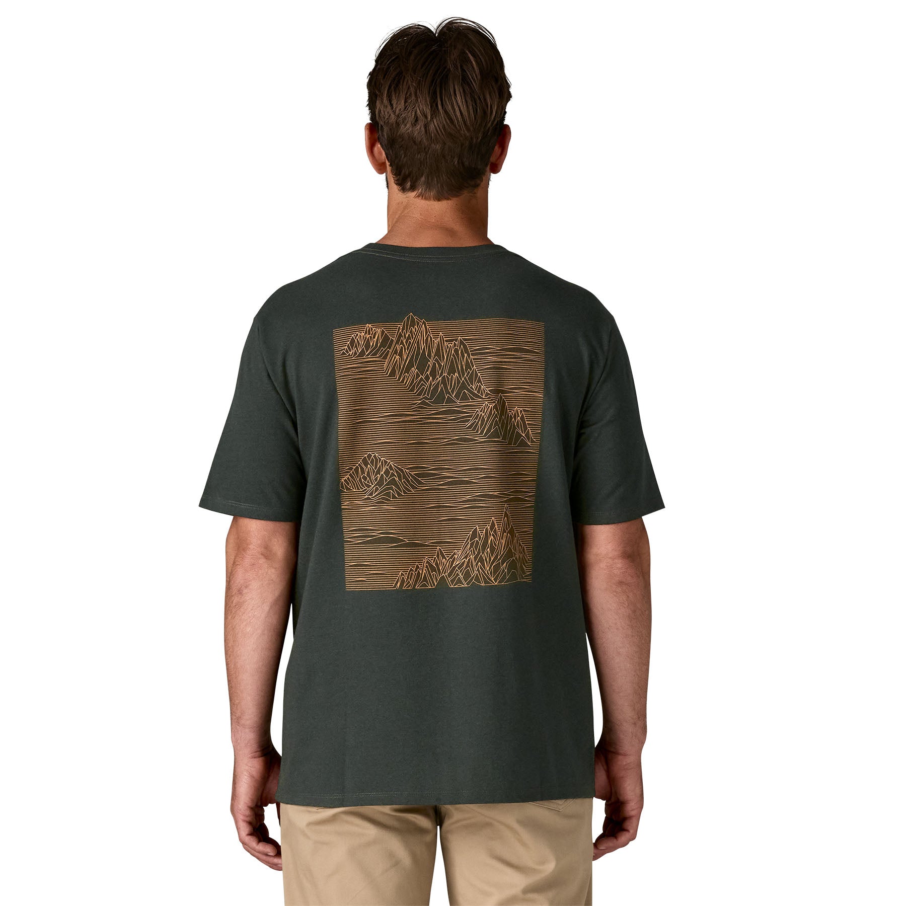 The back of a man wearing the Patagonia men's  Strataspire tee in old growth green available at Babipur.
