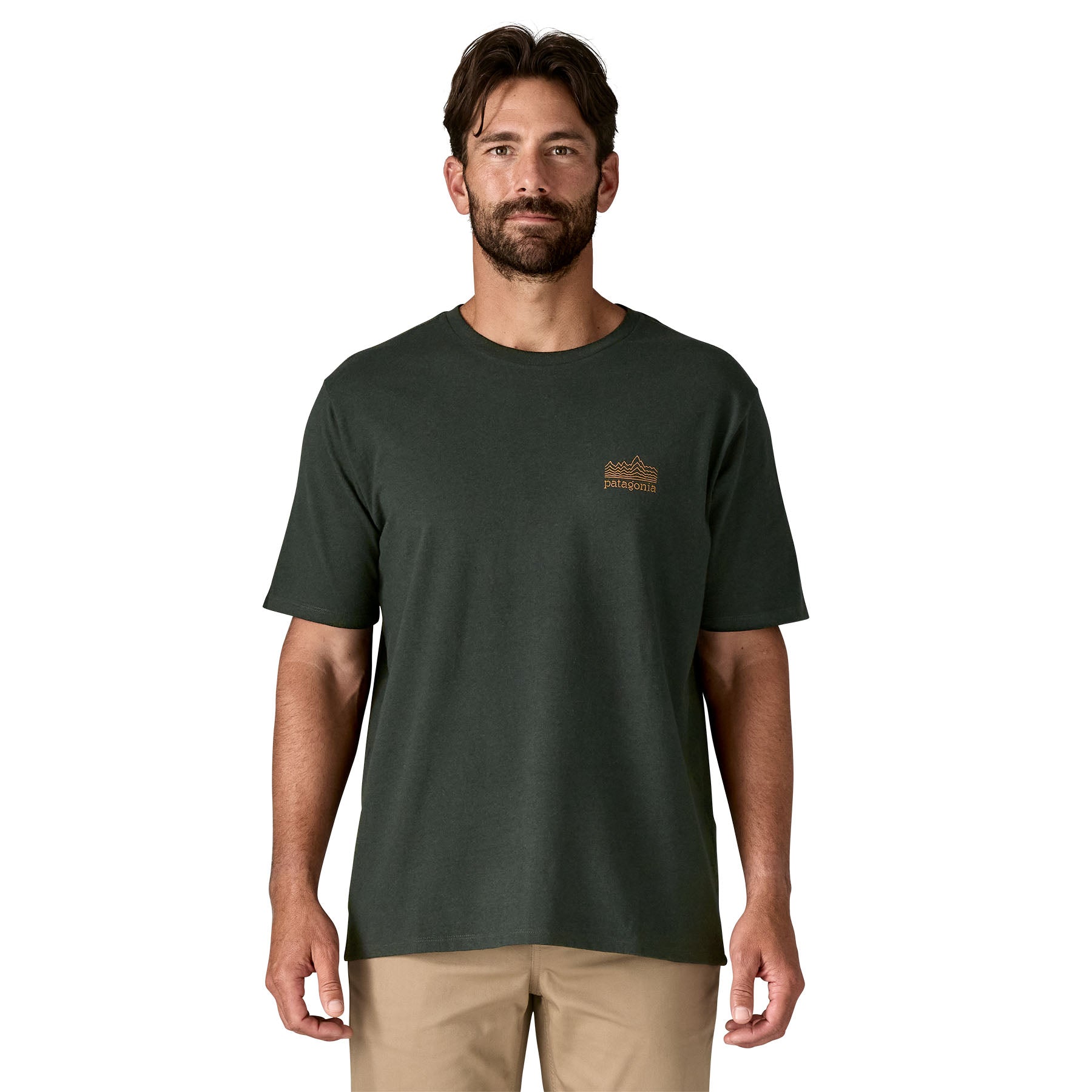 A man wearing the Patagonia men's  Strataspire tee in old growth green available at Babipur.