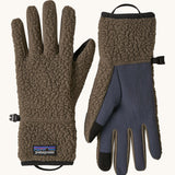 Patagonia adult synchilla gloves in marlon brown available at Babipur. Thick pile fleece style glovesin dark brown. Features a grip on the palms and fingertips. Logo label is stitched on the side . 