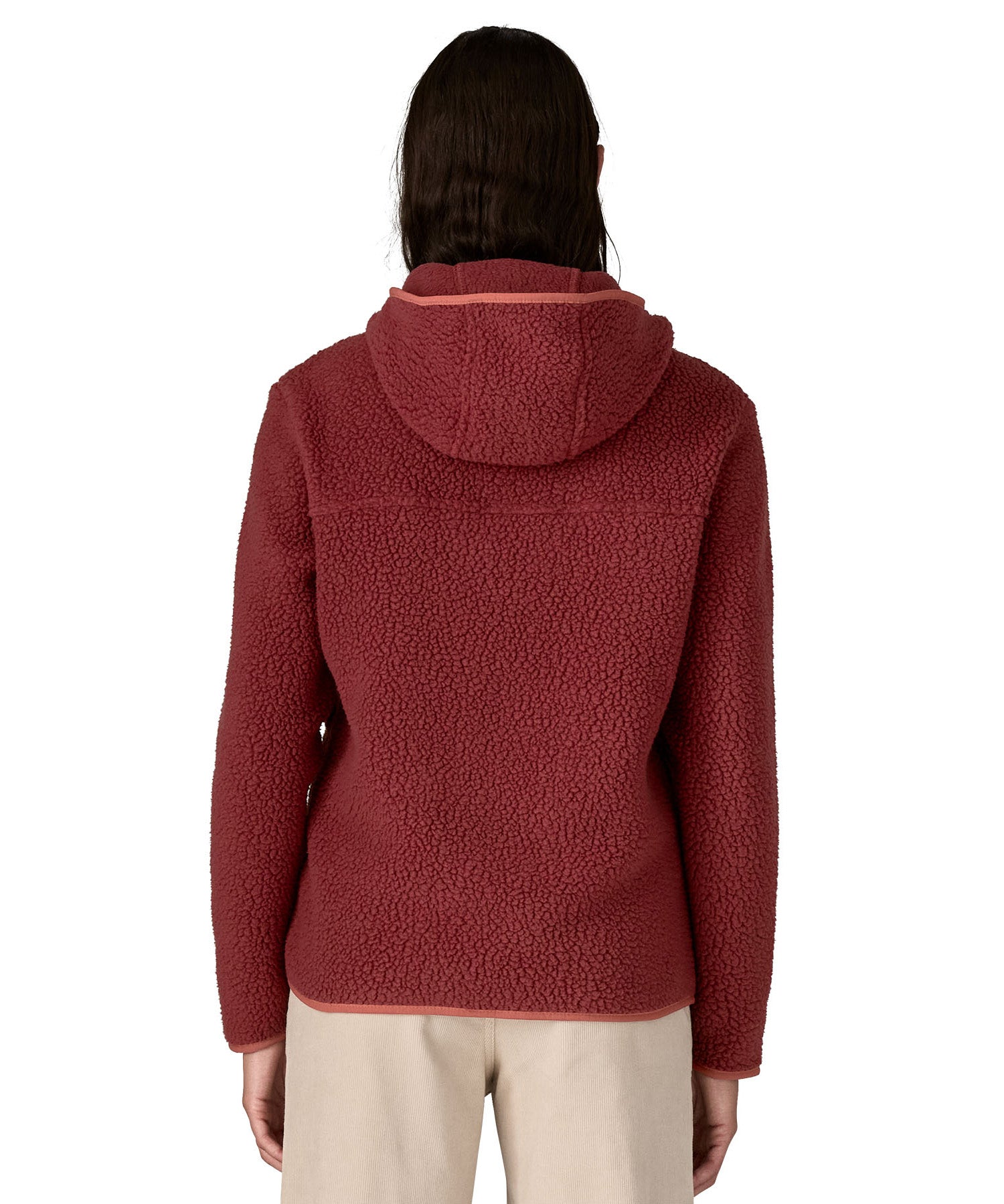 The back of the A Patagonia Women's Retro Pile Fleece Hoody Jacket in the Sequoia Red colour way available at Babipur. 