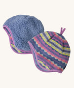 Patagonia little kids in diamond stripe/brisk purple design and the flipped purple cosy fleece beanie side by side