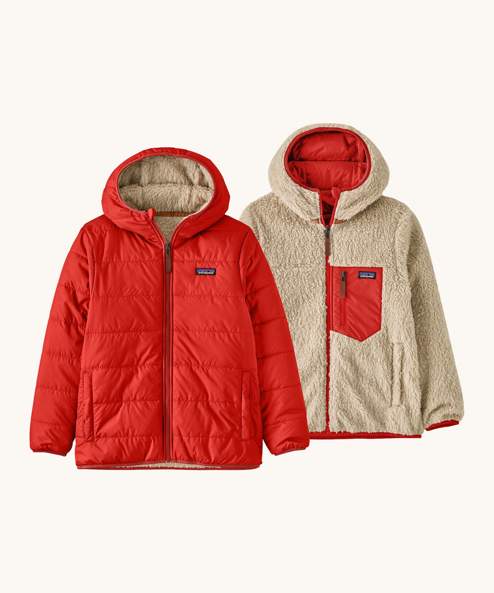 Patagonia Kids Reversible Ready Freddy Hoody in the Amanita red colour way available at Babipur