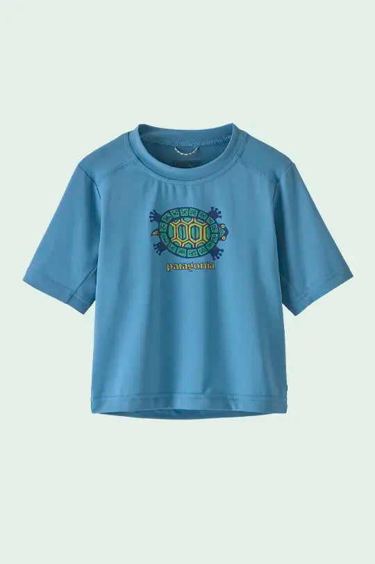 Patagonia Little Kids Capilene® Silkweight T-Shirt in Island Turtle Blue (blue with a green turtle and yellow Patagonia logo beneath it).